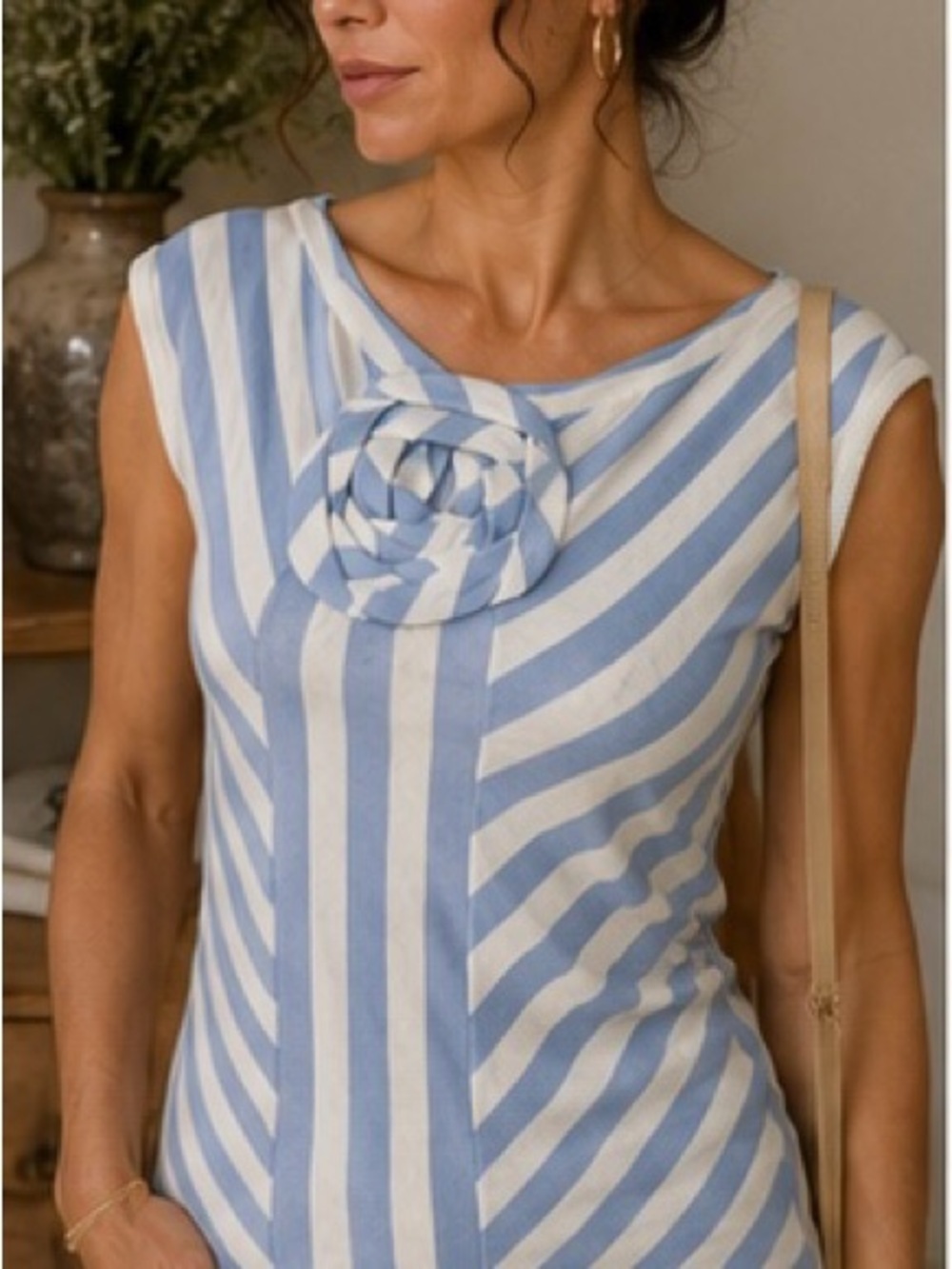Sparrow Blue & Ivory Striped Cotton Knit Top With Rosette Detail